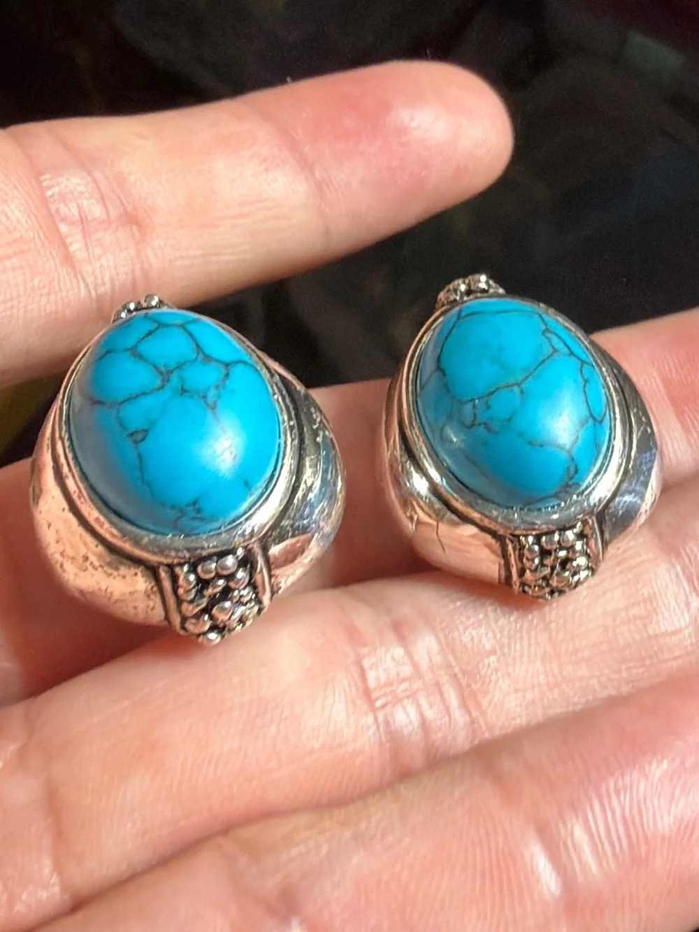 Vintage Premier Designs Turquoise-Style Oval Stone Silver-Tone Clip Earrings